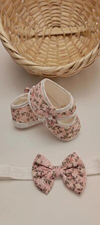 Pembe Çiçekli Bebek Patik Ve Bandana Seti , Çiçek Desenli Ayakkabı Bandana Set