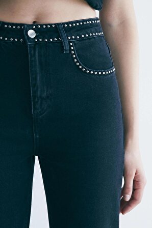 Siyah Yüksek Bel Trok Detaylı Straight Jeans