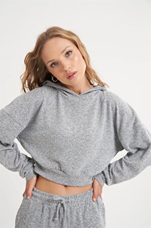 Gri Yumuşak Crop Basic Sweatshirt