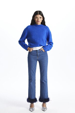 Lacivert Paçası Kürklü Straight Jean