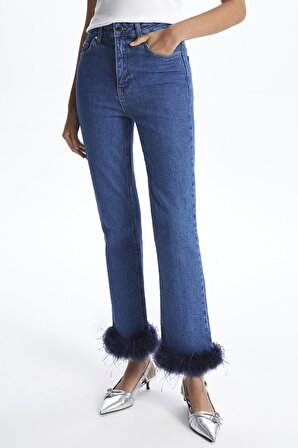 Lacivert Paçası Kürklü Straight Jean