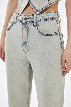 Acik Mavi Trok Detaylı Yüksel Bel Straight Jean Pantolon
