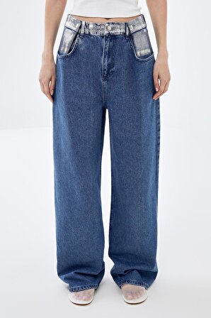 Mavi Varak Cep ve Bel Detaylı,  Wide Leg Bel düğme detaylı Jeans