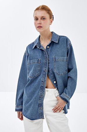 Mavi Oversize Metal Düğmeli Denim Gömlek Ceket