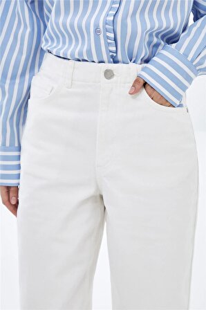 Beyaz Yüksek Bel Straight Jean Pantolon