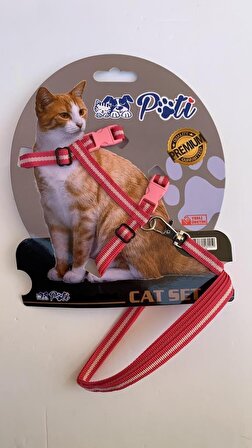 Pati Yavru Köpek ve Kedi Gezdirme Takım Tasması (Ayarlanabilir) Kırmızı-Pembe