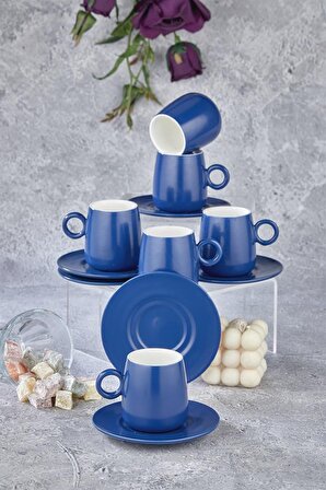 Cooker Porselen Renkli Mat Kahve Fincanı Seti Mavi