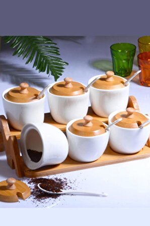 Kosova Bambu Kapaklı Kaşıklı Porselen Mini Baharatlık