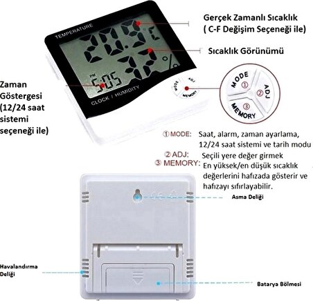 Dijital Termometre Isı Nem Ölçer Oda Sıcaklık Alarmlı Masa Saati