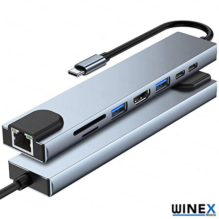 Global 8in1 USB Type-C Hub Port Adaptör HDMI USB Ethernet 100W PD Girişli WNE0003