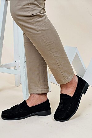 Corcik Siyah Süet Püsküllü Klasik Erkek Kundura Ayakkabı