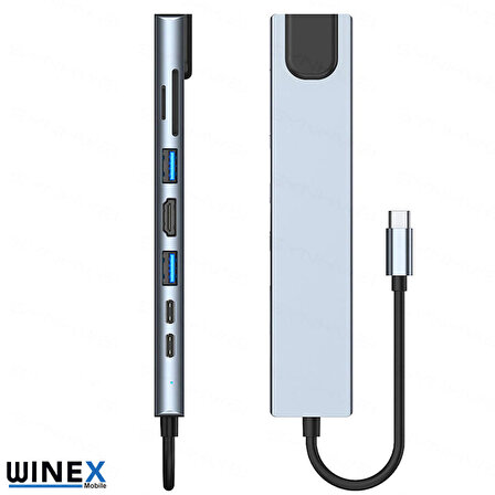 Global 8in1 USB Type-C Hub Port Adaptör HDMI USB Ethernet 100W PD Girişli WNE0060