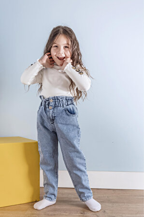 Yüksek Bel Kız Çocuk Kot Pantolon Çocuk Jean