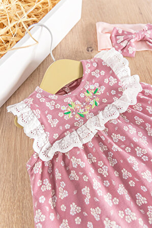 Çiçek Desenli Bandanalı 3'lü Kız Bebek Elbiseli  Takım