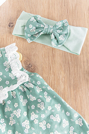 Çiçek Desenli Bandanalı 3'lü Kız Bebek Elbiseli  Takım