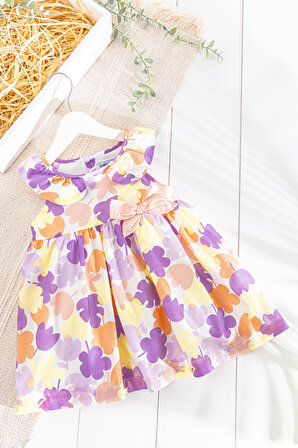 Çiçek Desenli Fiyonklu Yazlık Kız Bebek/Çocuk Elbise