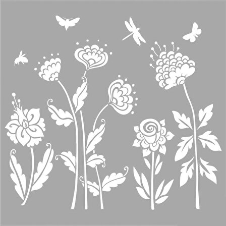 Bahar Çiçekleri-2 Stencil Boyama şablonu 30x30 cm, Duvar Stencil, Fayans Stencil, Mobilya Stencil