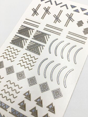 Gümüş Etnik Çizgiler Metalik Tırnak Sticker, Nail Sticker, Nail Art