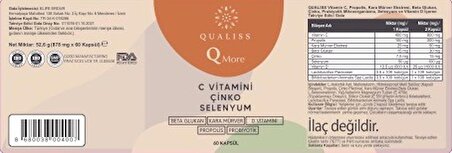 QUALISS Q More 60 Kapsül 8 in 1 Vitamin C - D, Kara Mürver (Sambucus), Çinko, Selenyum, Propolis, Probiyotik, Beta Glukan, içeren Takviye Edici Gıda