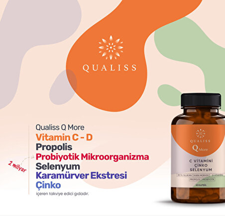 3 adet 60 kapsül Qualiss Q More Vitamin C, Vitamin D, Propolis, Probiyotik Mikroorganizma, Çinko, Selenyum, Beta Glukan, Kara Mürver takviye edici gıda