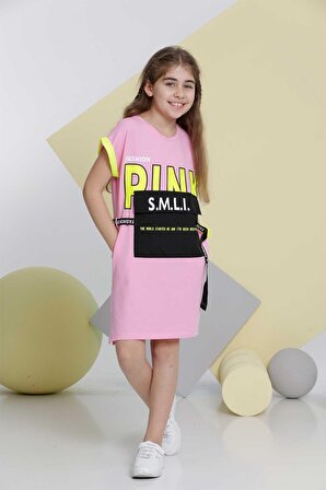 Pink SMLI Baskılı Kız Çocuk Yazlık Elbise Rahat Kesim