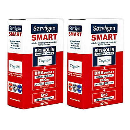 Sorvagen Smart Sitikolin, DHA Omega-3 ve B12 Balık Yağı 30 Kapsül 2'li Paket