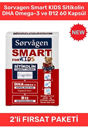 Sorvagen Smart KIDS Sitikolin DHA Omega-3 ve B12 60 Kapsül - 2 Adet
