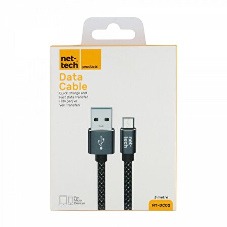 Nettech NT-DC02 İp Örgü Micro USB Şarj Data Kablosu 300 Cm