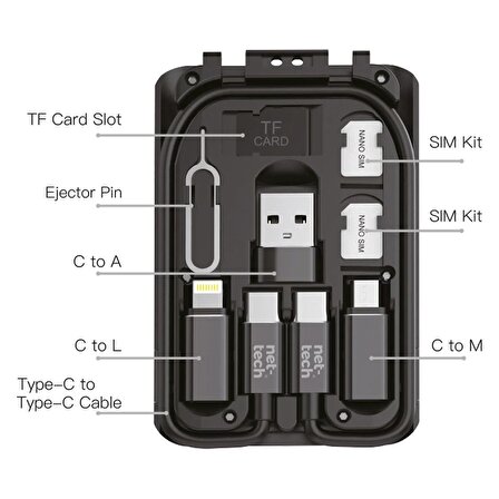 Nettech NT-DC04 Plastik 20 Cm USB To Micro + Lightning + Type-C Şarj ve Data Kablosu (Siyah)