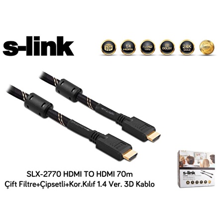 S-link 70-metre SLX-2770 HDMI Çift Filtre+Çipsetli+Kor.Kılıf 1.4 Ver. 3D Kablo