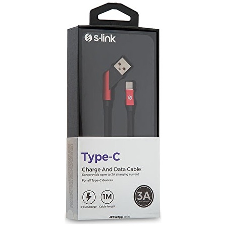 S-Link Swapp SW-C770 3A Type-C Çapraz Uçlu Şarj Kablosu 1m - Siyah/Kırmızı