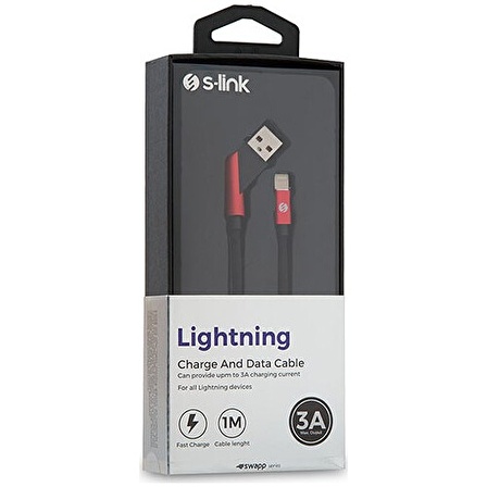 S-link Swapp SW-C670 1M 3A iPhone Lightning Çapraz Uçlu Şarj Kablosu - Siyah/Kırmızı