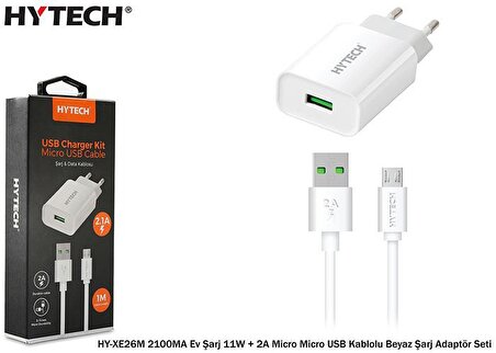 Hytech HY-XE26M 2100MA Ev Şarj 11W + 2A Micro Micro USB Kablolu Şarj Adaptör Seti Beyaz