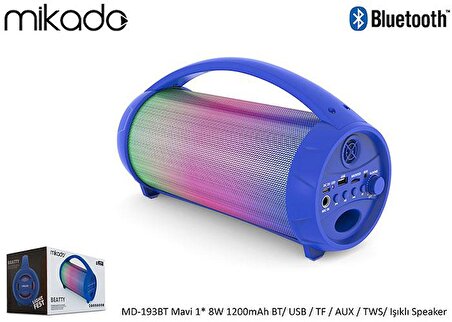 Mikado MD-193BT Mavi 1* 8W 1200mAh Bt+Usb+Tf+Aux+Tws Işıklı Speaker