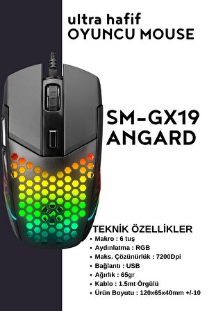 Everest SM-GX19 ANGARD RGB Işıklı Makrolu 7200dpi Örgü Kablolu Gaming Oyuncu Mouse