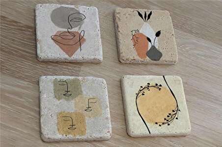 Line Art Obje Bitki Surat Doğal Taş Bardak Altlığı 4'lü set - Natural Stone Coasters