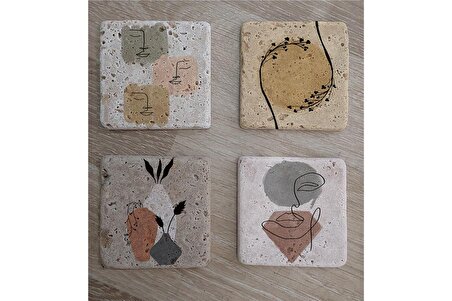 Line Art Obje Bitki Surat Doğal Taş Bardak Altlığı 4'lü set - Natural Stone Coasters