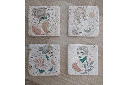 Line Art Heykel Portre Doğal Taş Bardak Altlığı 4'lü set - Natural Stone Coasters
