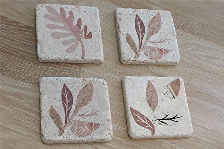 Pembe Desenli Yapraklar Doğal Taş Bardak Altlığı 4'lü set - Natural Stone Coasters