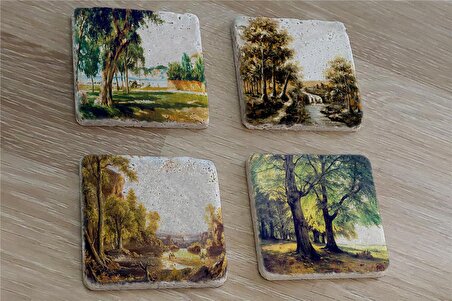 Sonbahar Ağaçları Doğal Taş Bardak Altlığı 4'lü set - Natural Stone Coasters