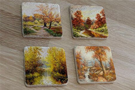 Sonbahar Manzarası Doğal Taş Bardak Altlığı 4'lü set - Natural Stone Coasters