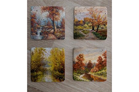 Sonbahar Manzarası Doğal Taş Bardak Altlığı 4'lü set - Natural Stone Coasters