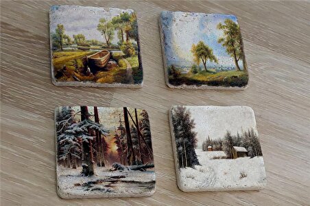 Doğa ve Orman Manzarası Doğal Taş Bardak Altlığı 4'lü set - Natural Stone Coasters