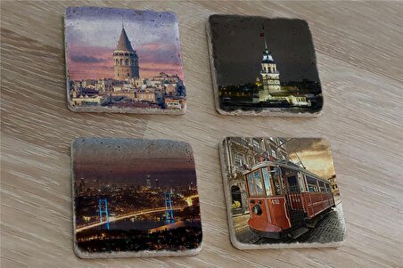 İstanbul Manzaraları Doğal Taş Bardak Altlığı 4'lü set - Natural Stone Coasters