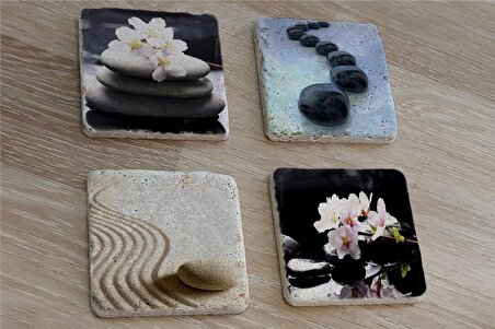 Spa Taşları ve Kiraz Çiçeği Doğal Taş Bardak Altlığı 4'lü set - Natural Stone Coasters