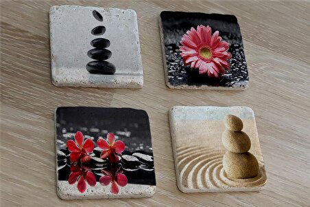Spa Taşları ve Kırmızı Gerbera Çiçeği Doğal Taş Bardak Altlığı 4'lü set - Natural Stone Coasters
