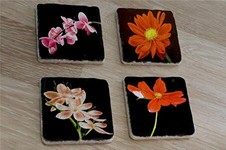 Siyah Zemin Orkide ve Gerbera Çiçekleri Doğal Taş Bardak Altlığı 4'lü set - Natural Stone Coasters