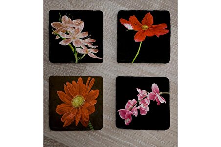Siyah Zemin Orkide ve Gerbera Çiçekleri Doğal Taş Bardak Altlığı 4'lü set - Natural Stone Coasters