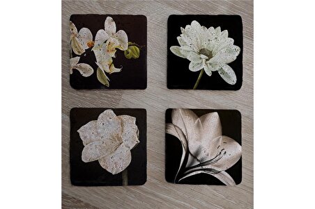 Siyah Zemin Orkide Gerbera ve Çiçekler Doğal Taş Bardak Altlığı 4'lü set - Natural Stone Coasters