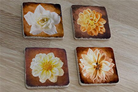 Lotus ve Gül Doğal Taş Bardak Altlığı 4'lü set - Natural Stone Coasters